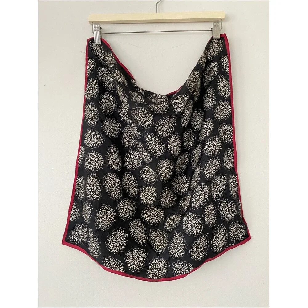 Echo Black Scarf Cream Leaf Print Burgundy Border 20” X 20” Boho Cottage Coastal